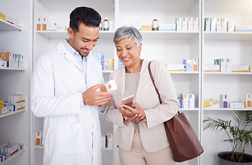 Image showing Pharmacist man, senior woman and advice with box, phone and happy in store for prescription, healthcare and help. Young pharmacy manager, elderly patient and smile for customer experience with pills