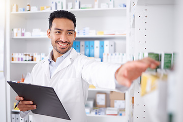 Image showing Pharmacist, medicine and happy man with checklist for stock in pharmacy. Pills, inventory and Asian medical doctor with clipboard for pharmaceutical drugs, supplements and medication for healthcare.