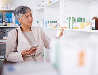 Image showing Pharmacy, shelf and a woman with medicine and a phone for information or research on pills. Shopping, mature and a person in a store for medication, reading box with mobile for analysis or knowledge