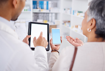 Image showing Pharmacist, hands and woman blank phone for question, tablet or discussion with search for prescription. Man, senior patient and smartphone screen for information, shopping or help in pharmacy mockup