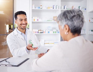 Image showing Senior woman, customer service and pharmacist with advice on medicine, drugs or shopping at a pharmacy or pharmaceutical store. Helping, medical expert in retail and conversation about healthcare