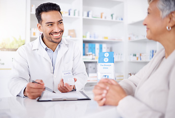 Image showing Customer service, senior woman and pharmacist with advice on medicine, drugs or shopping at a pharmacy or pharmaceutical store. Helping, medical expert in retail and conversation about healthcare