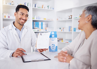 Image showing Medicine, senior woman and pharmacist with advice on prescription drugs or shopping at a pharmacy or pharmaceutical store. Helping, medical expert in retail and conversation about healthcare