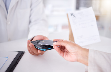 Image showing Pharmacist, hands and credit card with payment, pos and tap for product, retail service and healthcare. People, fintech and pharmacy for digital transaction for wellness, pills or drugs in store