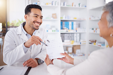 Image showing Pharmacist, advice and senior woman with prescription medicine, drugs or shopping at a pharmacy or pharmaceutical store. Helping, medical expert with information and conversation about healthcare