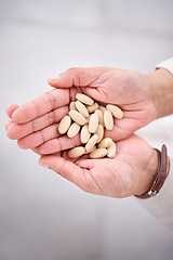 Image showing Hands, pharmaceutical pills or medicine for health care or drugs for recovery, wellness or prescription supplement of vitamins. Hand, medication and support immune system with medical product