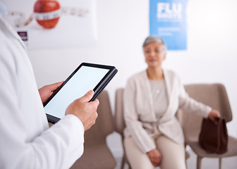 Image showing Tablet, doctor and senior woman in waiting room, office or sitting on a chair or medical information, insurance or telehealth. Elderly female, nurse or pharmacist with technology for online results