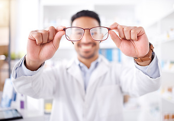 Image showing Hands, man and optometrist with glasses for vision, eyesight and prescription lens. Frame, ophthalmology and doctor with spectacles, eyewear for wellness and optician in store for medical healthcare