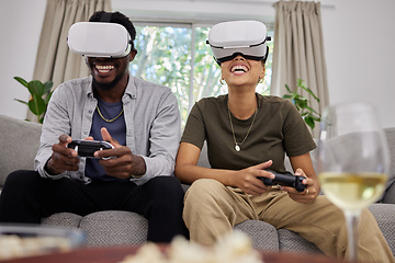 Image showing Funny couple, vr and gaming on sofa in home living room, happy and laughing together. Virtual reality, couch and African man and woman play 3d game, metaverse and esports with futuristic technology.