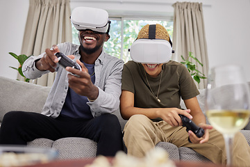 Image showing Virtual reality, funny couple and gaming on sofa in home living room, happy and laughing together. Vr, couch and African man and woman play 3d game, metaverse and esports with futuristic technology.