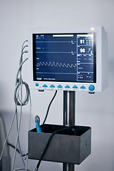 Image showing Medical monitor, heart machine and healthcare, cardiology and equipment with stats and vitals in hospital. Medicine, health information and wellness, digital and screen with EKG and ECG in clinic