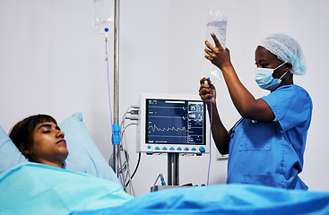 Image showing Hospital, nurse with face mask and iv drip for patient in bed, clinic or medical emergency, surgery and person with life insurance. Nursing, doctor or surgeon with medicine or healthcare worker