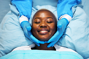 Image showing Beauty, smile and hands of surgeon on black woman face in clinic for plastic surgery, skincare or chemical peel. Medical, facial and female consulting dermatologist on anti aging, collagen or filler