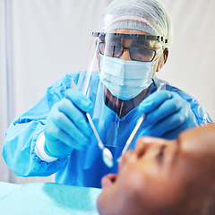 Image showing Dentist, consultation and man check patient mouth, dental healthcare and medical procedure at clinic. PPE, dentistry and orthodontics treatment, male person with oral care tools and teeth whitening