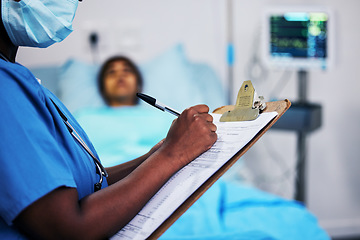 Image showing Hands, healthcare and a nurse writing on documents in a hospital during a patient checkup or report. Medical, insurance and information with a black woman medicine professional in a clinic closeup