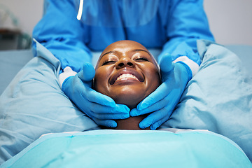 Image showing Smile, beauty and hands of surgeon on black woman face in clinic for plastic surgery, skincare or chemical peel. Medical, facial and female consulting dermatologist on anti aging, collagen or filler