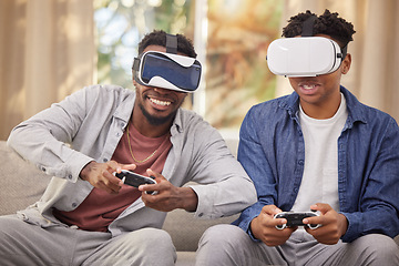 Image showing Friends, virtual reality video game and challenge, metaverse and futuristic gaming at home with esports. Competition, VR goggles and digital world, men in living room with 3D games and technology