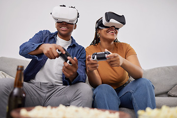 Image showing Happy, playing and a couple with vr games, metaverse glasses and digital competition on the sofa. Smile, home and a black man and woman with future technology for a gaming experience on the couch