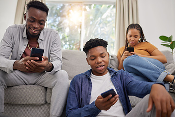 Image showing Phone, communication and african friends on social media for browsing while sitting on a living room sofa. App, contact and internet with a group of black people using mobile technology in a home