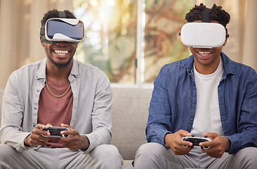 Image showing Friends, virtual reality video game and challenge, competition and futuristic gaming at home with esports. Metaverse, VR goggles and digital world, men in living room with 3D games and technology