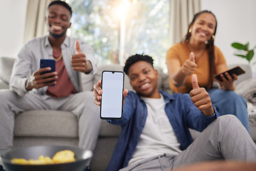 Image showing Black people, friends and phone mockup with thumbs up for approval in relax together at home. Happy African group smile and show mobile smartphone app display, like emoji or yes sign for social media