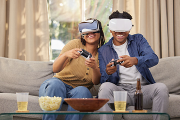 Image showing Couple, virtual reality and video games, esport and metaverse, people at home and futuristic gaming date. Time together, fun and digital world with man and woman in living room with 3D games and tech