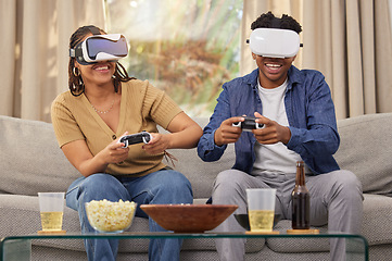 Image showing Couple in digital world, virtual reality and video game, esports and people at home on futuristic gaming date. Time together, metaverse with man and woman in lounge, 3D games and tech with challenge