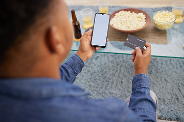 Image showing Credit card, mockup and man with phone screen for online shopping, sale and home streaming subscription payment, transaction or membership. Ecommerce, banking and male with smartphone app for savings