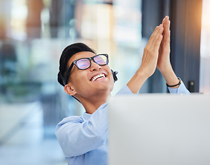 Image showing Telemarketing, applause and Asian man with celebration, call center and sales target with achievement. Male person, agent and consultant with headphones, clapping and excited with growth and success