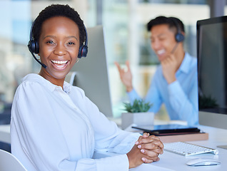 Image showing Portrait, call center and black woman on computer in office consulting for crm, contact us or customer service. Face, telemarketing and African lady consultant with online help or friendly advice