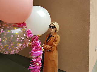 Image showing Young fashion happy blonde woman with baloons ,fashion photo, instagram filter