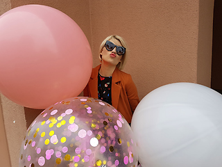 Image showing Young fashion happy blonde woman with baloons ,fashion photo, instagram filter