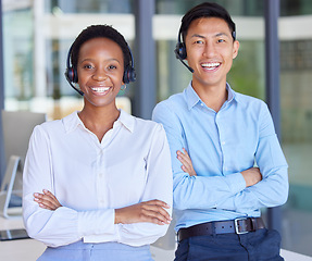 Image showing Call center, portrait and business people with arms crossed in office consulting for crm, contact us or customer service. Happy face, telemarketing and consultant team with diversity proud of startup