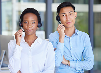 Image showing Portrait, call center and business people with headset in office consulting for crm, contact us or customer service. Face, telemarketing and serious consultant team with diversity proud of startup