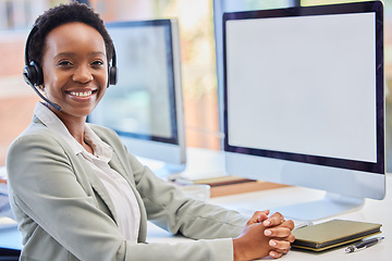 Image showing Call center, portrait and black woman on computer mockup in office consulting for crm, contact us or customer service. Happy face, telemarketing and African lady consultant with online help or advice