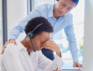 Image showing Sad, support and black woman at call center with a man after telemarketing fail or anxiety. Headache, tired and African customer service agent with stress from consulting job and a worker with help