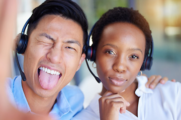 Image showing Call center, selfie and business people tongue out in office consulting for crm, contact us or customer service. Portrait, telemarketing and crazy consultant friends with diversity in profile picture