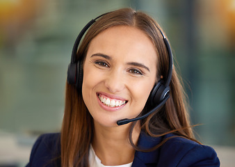 Image showing Call center, woman and smile in portrait for communication, customer service or contact us for CRM questions. Face of happy agent, microphone and telemarketing of sales, consulting or telecom support