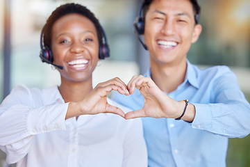 Image showing Heart hands, call center and portrait of business people consulting for crm or customer service. Finger, emoji and happy face of telemarketing consultant team smile for contact us, faq and support