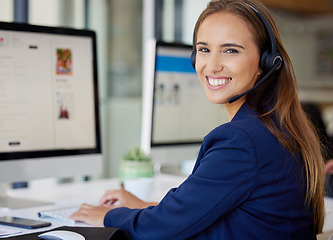 Image showing Call center, computer and portrait of woman, consultant or agent for e commerce, telemarketing and customer service. Communication, professional face and person for virtual telecom and website screen
