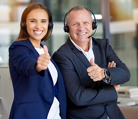 Image showing Call center, thumbs up and people in portrait for telemarketing, virtual communication and success, like or support. Thank you hands sign of corporate woman and CEO consultant or agent for contact us