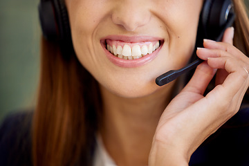 Image showing Call center, woman and mouth for communication, customer service and contact us for CRM questions. Closeup, face and happy agent with microphone for telemarketing, sales consulting or telecom support