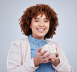 Image showing Portrait, piggy bank and happy woman in studio for savings, growth and budget on white background. Money, box and face of female person with investment success, smile and future financial freedom