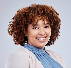 Image showing Smile, portrait and woman in studio with fashion, good mood and positive attitude on grey background. Happy, face and African female model posing on mockup with style, fashionable and trendy clothes