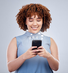 Image showing Social media icon, phone and business woman in studio online for text message, internet chat and mobile app. Communication, networking and happy female person on smartphone for website connection