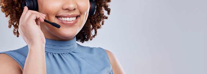 Image showing Call centre, mouth and professional woman in customer service in closeup with banner. Consultant, sales and girl with headphones at help desk for career for technical support in mockup space.