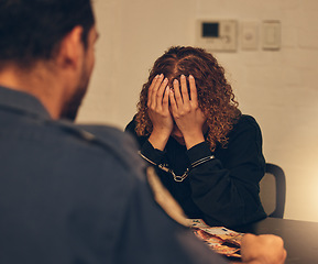 Image showing Police, investigation and detective listening to woman for crime interrogation or criminal arrest. Law, crime and man at station for corruption interview, questions in money laundering and handcuffs.