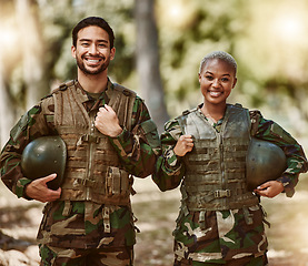 Image showing Happy soldier, military and portrait of people in gear in nature for service, protection and training outdoors. Camouflage, army and man and woman for battle, operation and combat exercise in woods