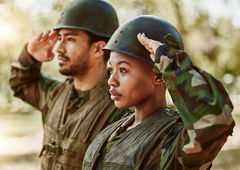 Image showing Soldier, military and people salute in nature for service, protection and battle outdoors. War training, national army and man and woman in position for veteran honor, greeting and official duty