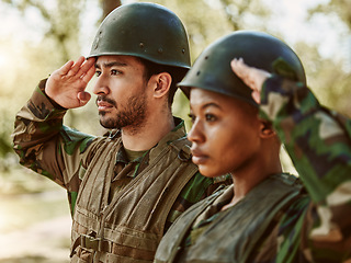 Image showing Soldier, military and man and woman salute in nature for service, protection and battle outdoors. War training, national army and people in position for veteran honor, greeting and official duty